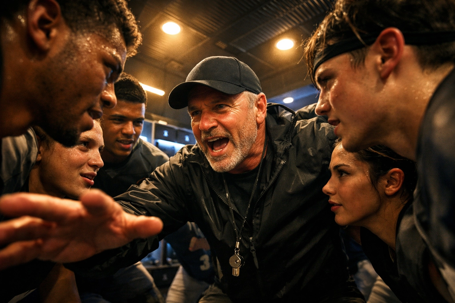 A sports coach giving an inspiring pre-game speech to his team to improve mental toughness and performance.