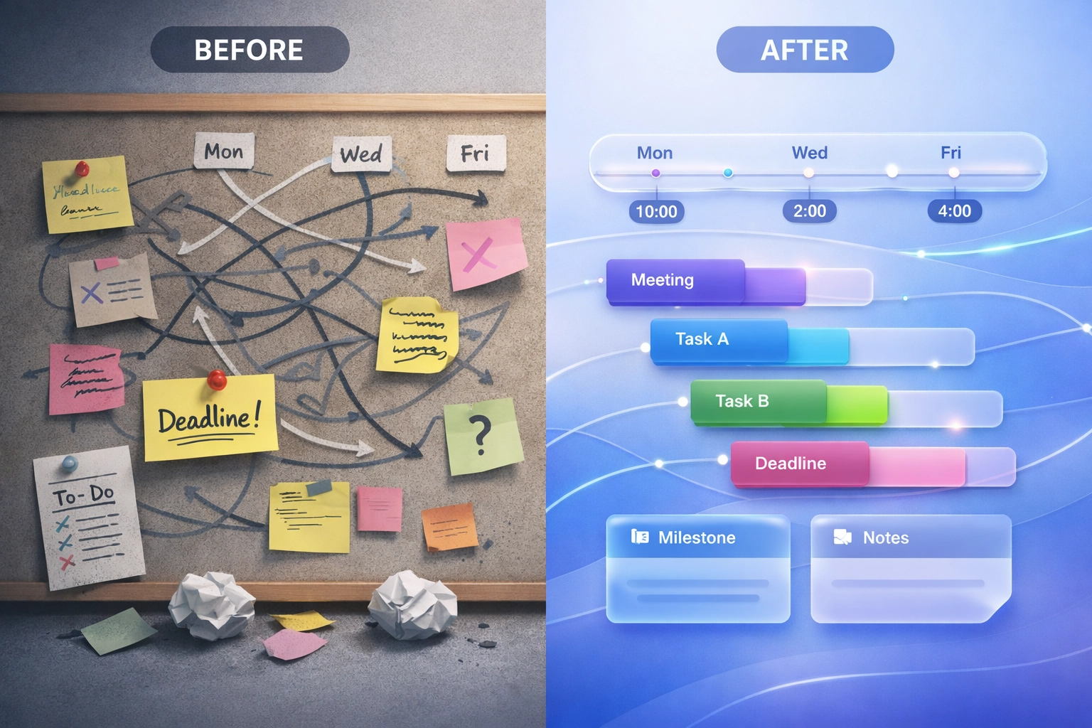 Workflow automation before and after: chaotic manual process versus organized AI system