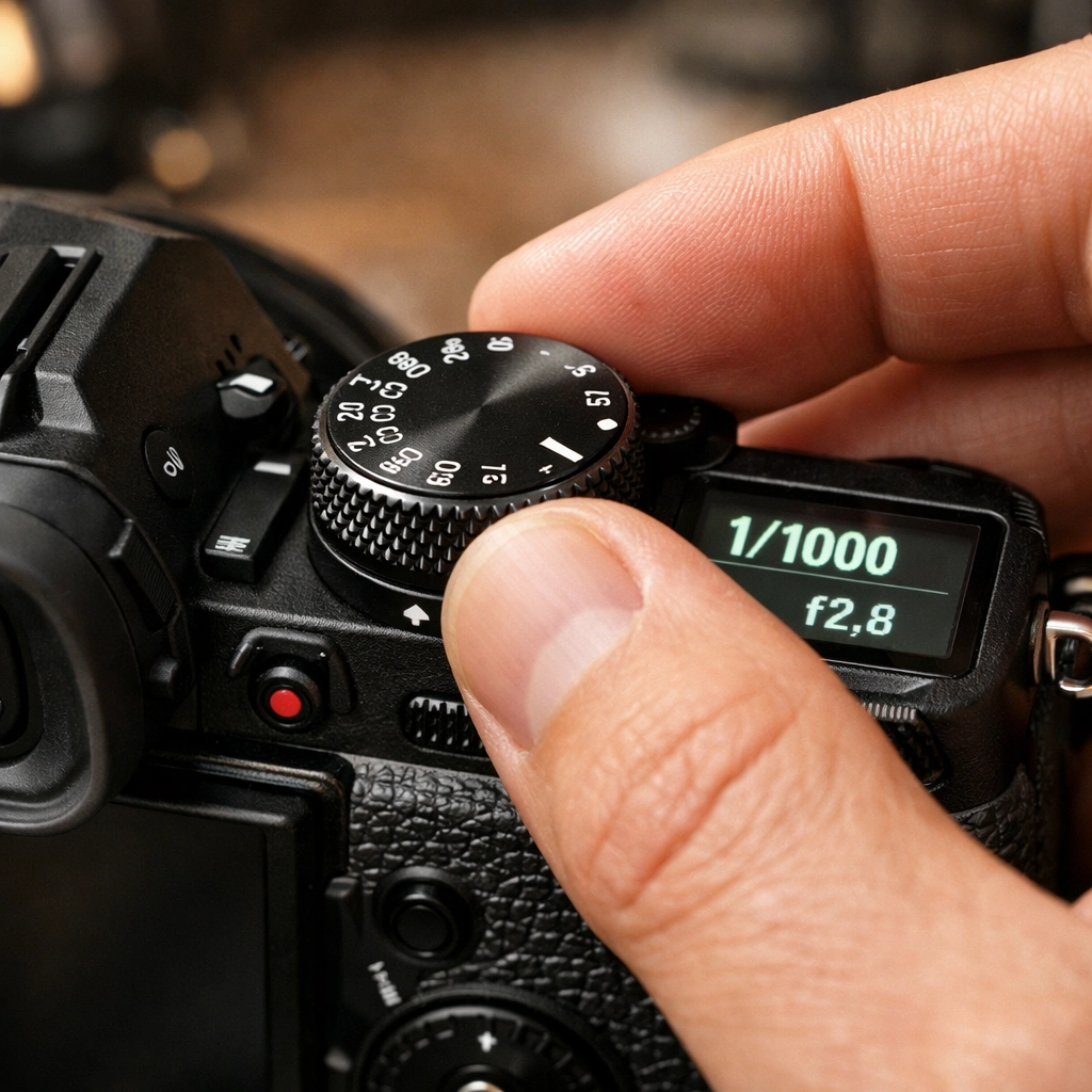 Learning how to use manual mode camera settings on a professional mirrorless camera dial.