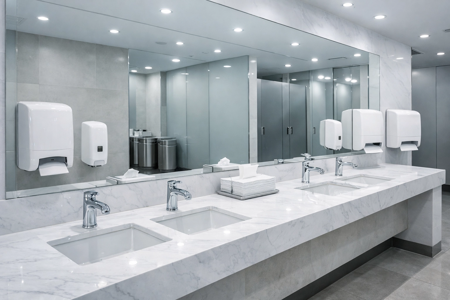 Spotless commercial office washroom with fully stocked hygiene consumables and paper towel dispensers.