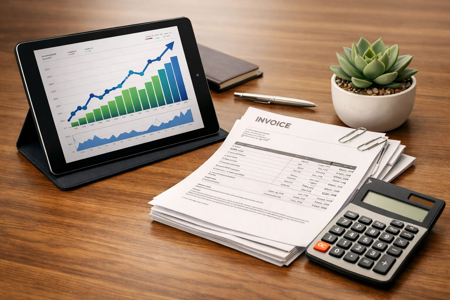 Organized bookkeeping workspace with financial growth charts and organized invoices