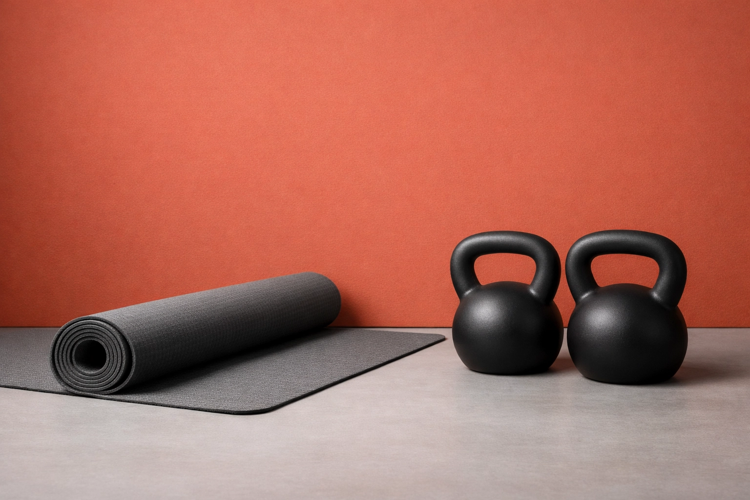 Black kettlebells and a yoga mat illustrating the balance between intense strength training and recovery.