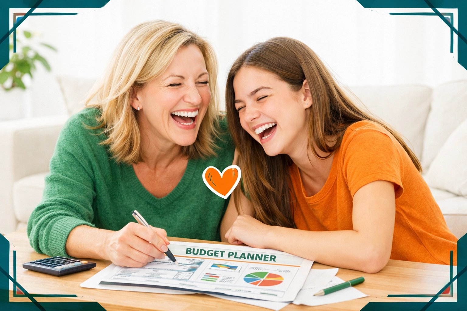 Parent modeling financial literacy skills with their teen daughter using a budget planner.