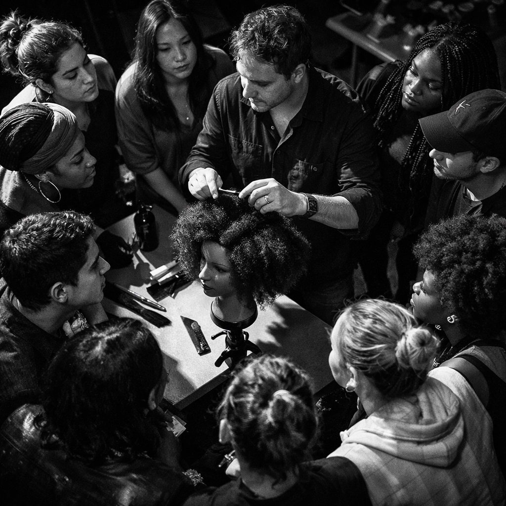 Diverse group of barber students learning techniques in classroom at X-Quisite Cutz Middletown