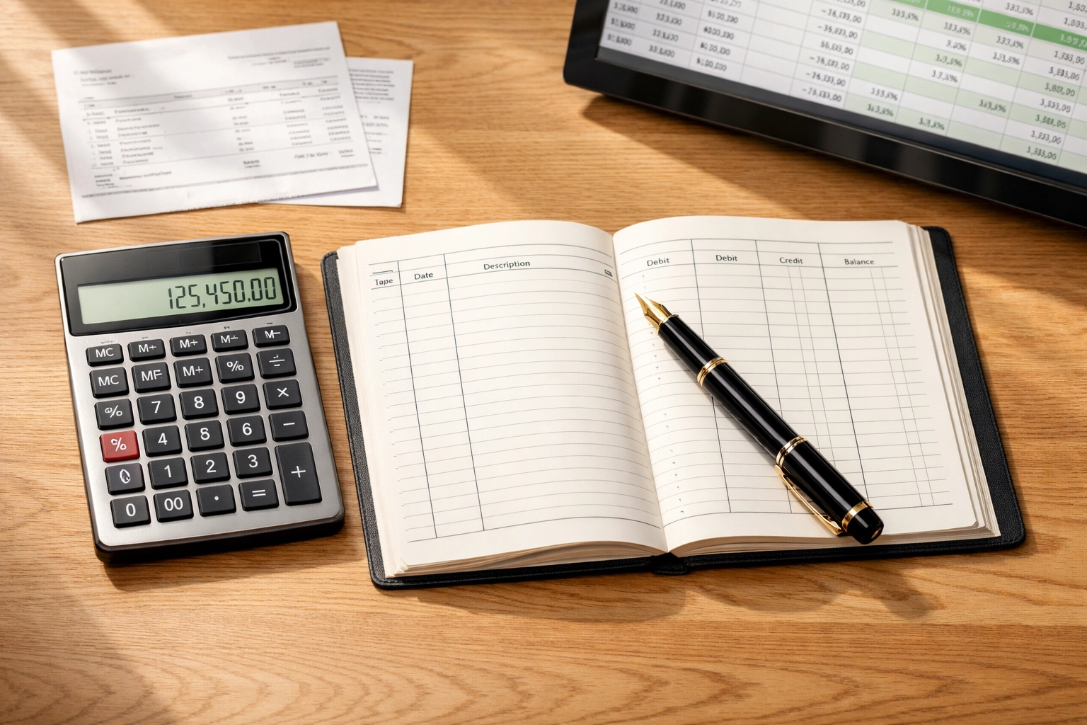 Organized financial records and a calculator symbolizing clean property management trust accounting and audit readiness.