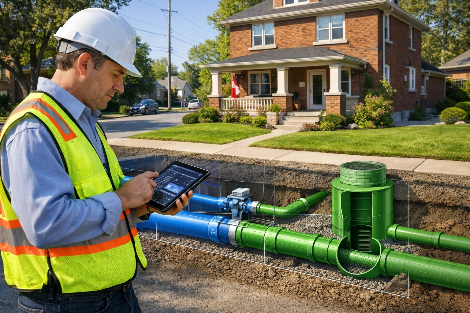 Civil engineer in Ontario reviewing site servicing plans and underground utility connections for a multiplex project.
