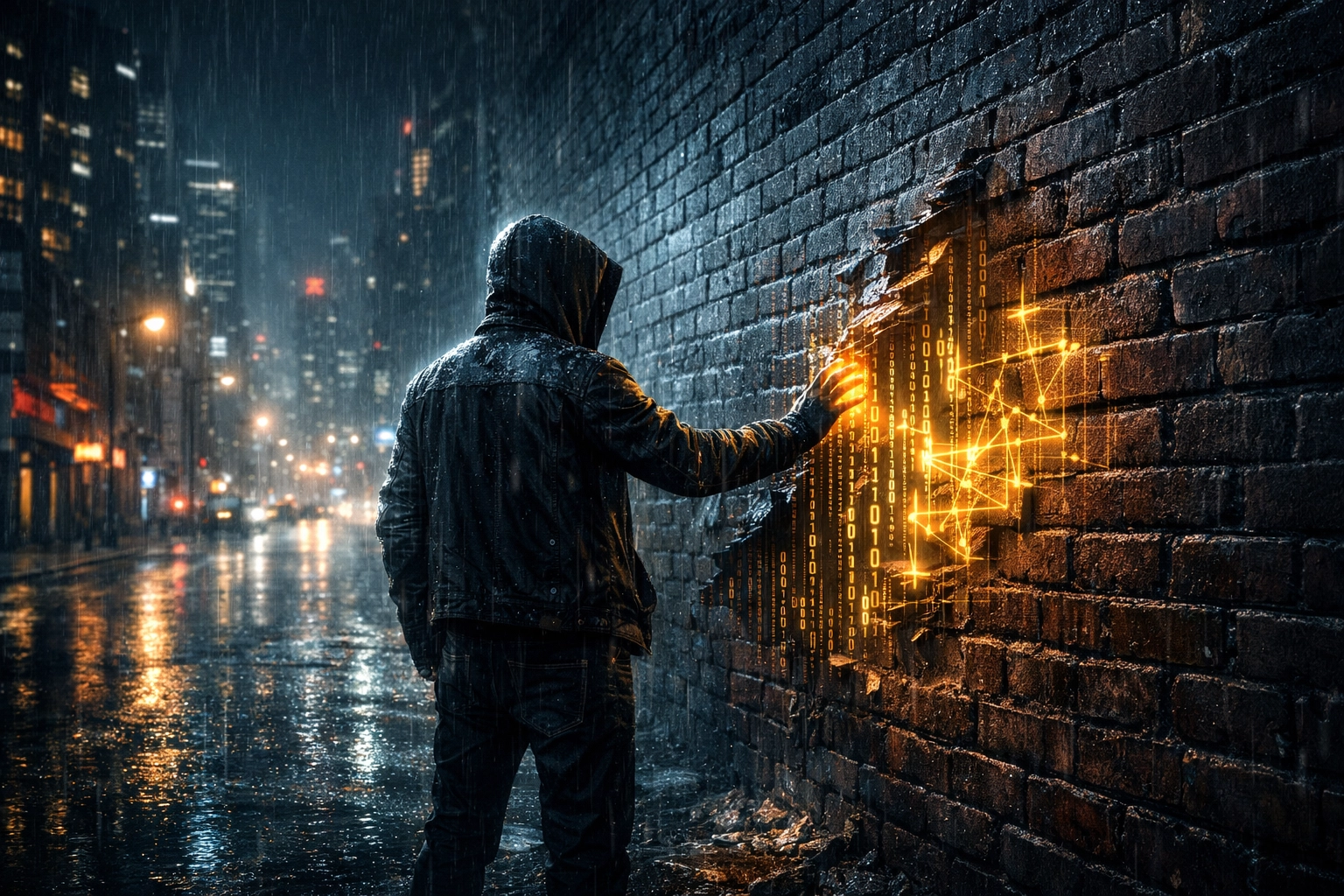 A person in a futuristic city touching a glitching wall to reveal hidden digital code, illustrating the simulation hypothesis.