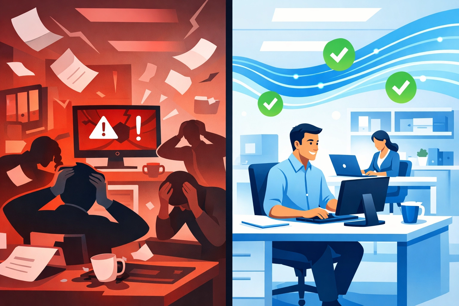 Comparison of chaotic IT crisis versus organized managed IT support workflow