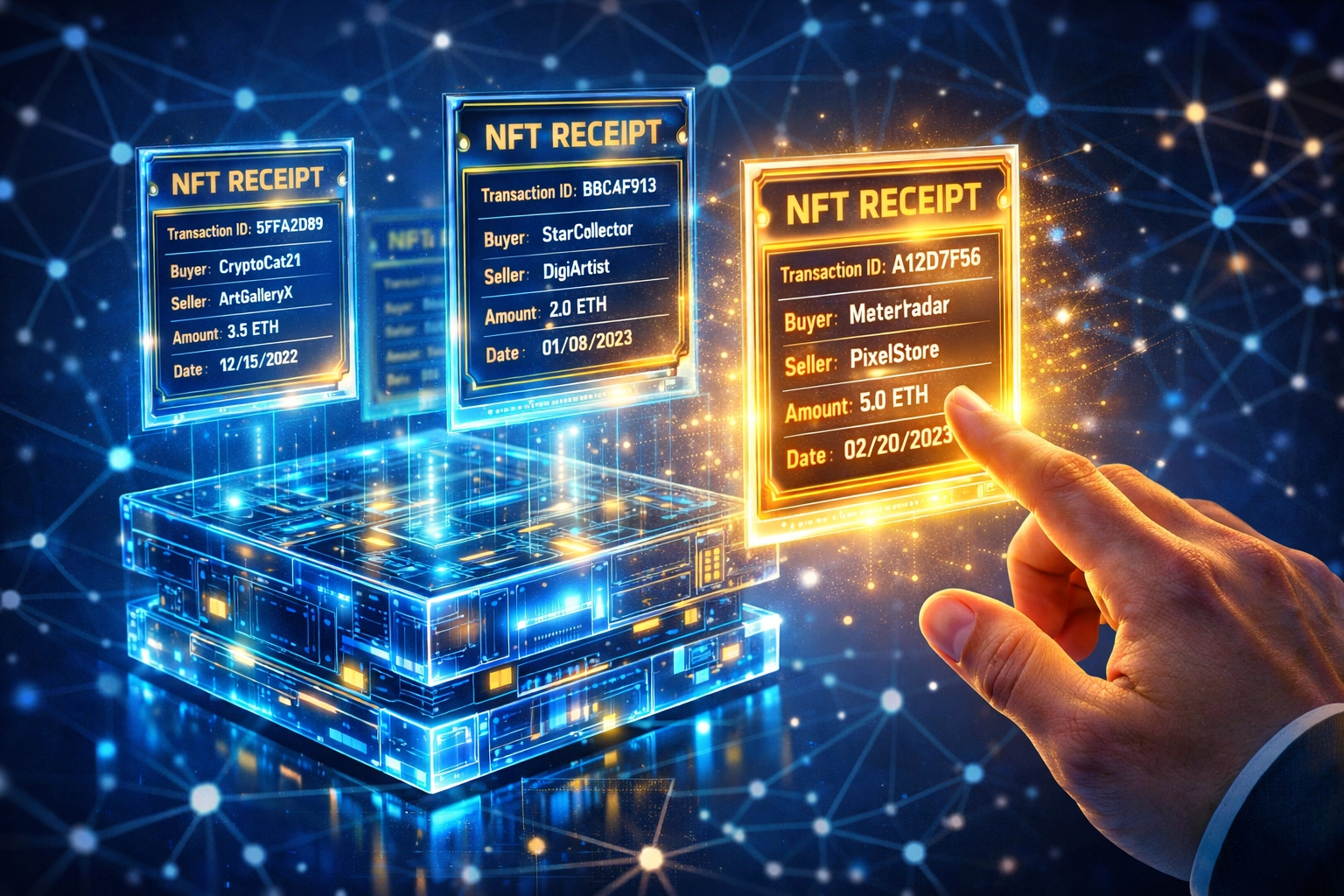 NFT receipt blockchain ledger showing transparent crypto transaction records for merchants