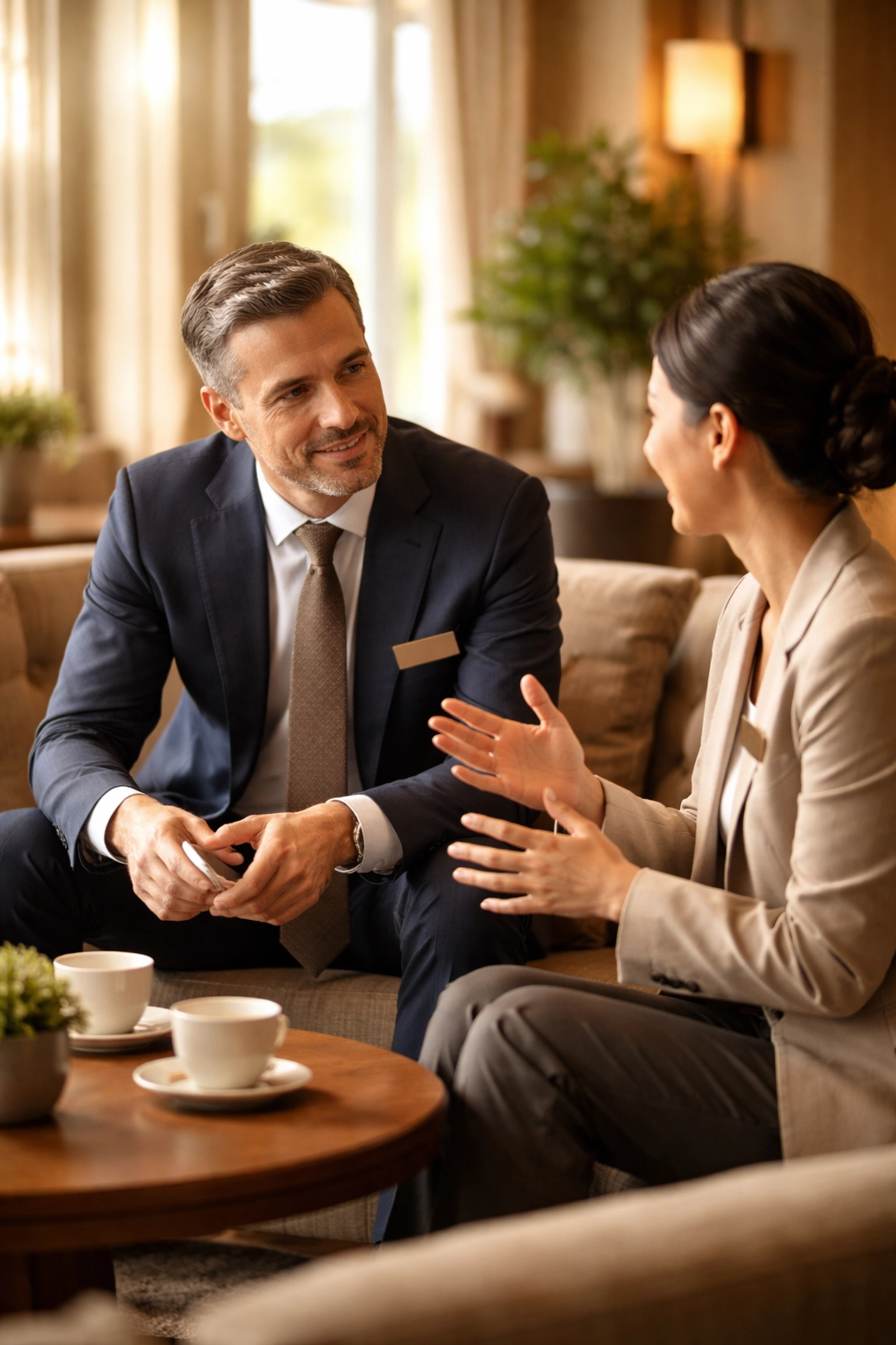 Hotel manager having a genuine conversation with a team member in a lobby illustrates authentic employee engagement.