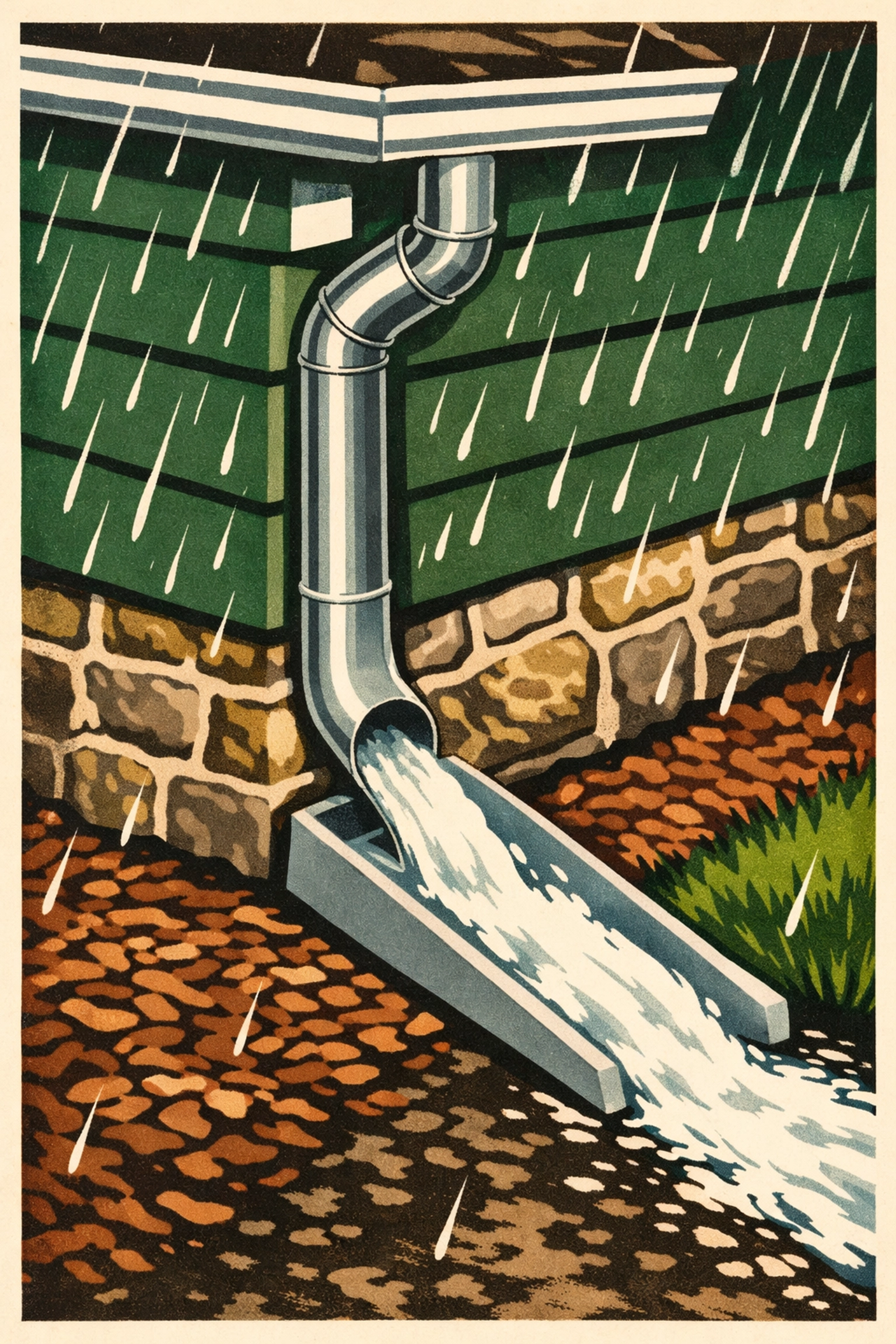 Clean gutter downspout directing rainwater away from a home's foundation to prevent water damage.