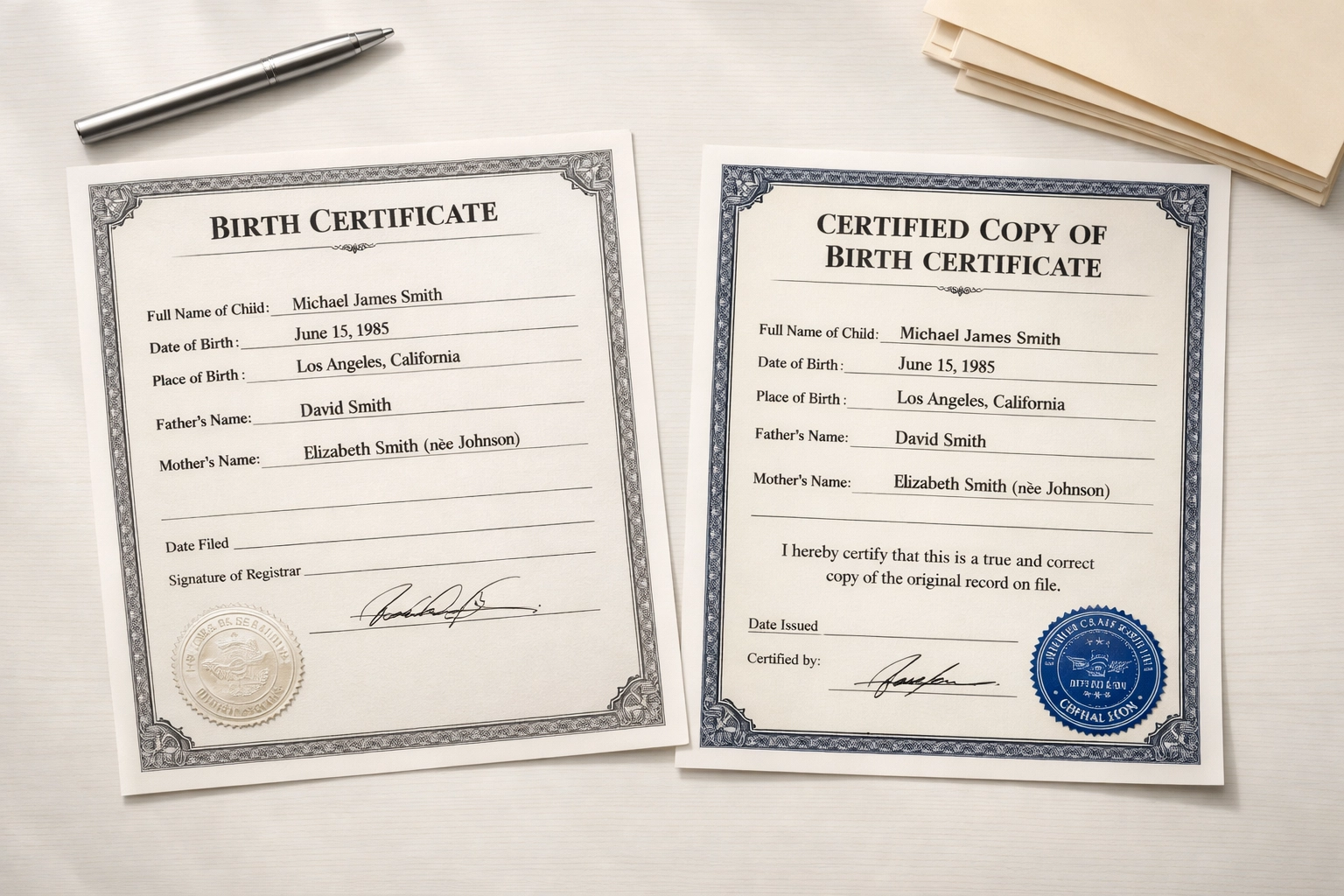Original birth certificate next to certified copy with official seal for Nebraska apostille