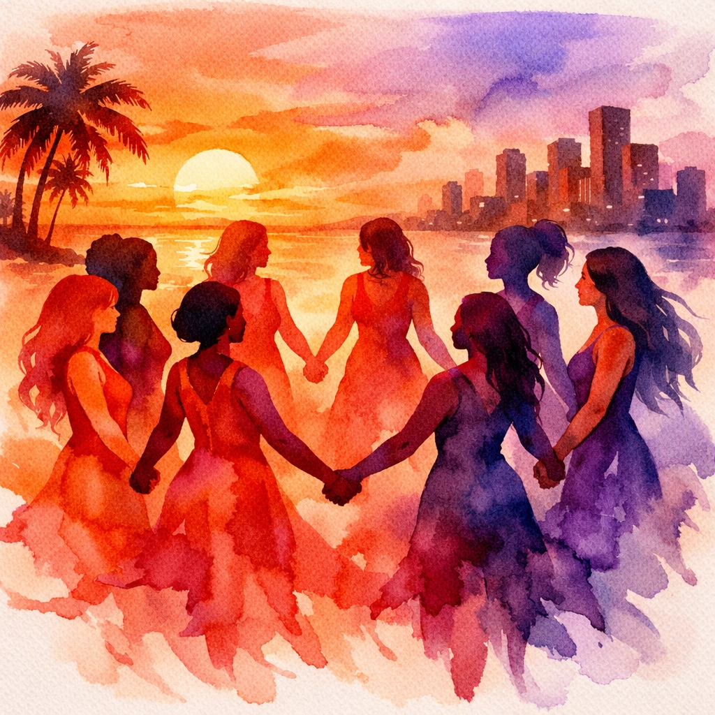 Circle of diverse women holding hands symbolizing lesbian chosen family and community