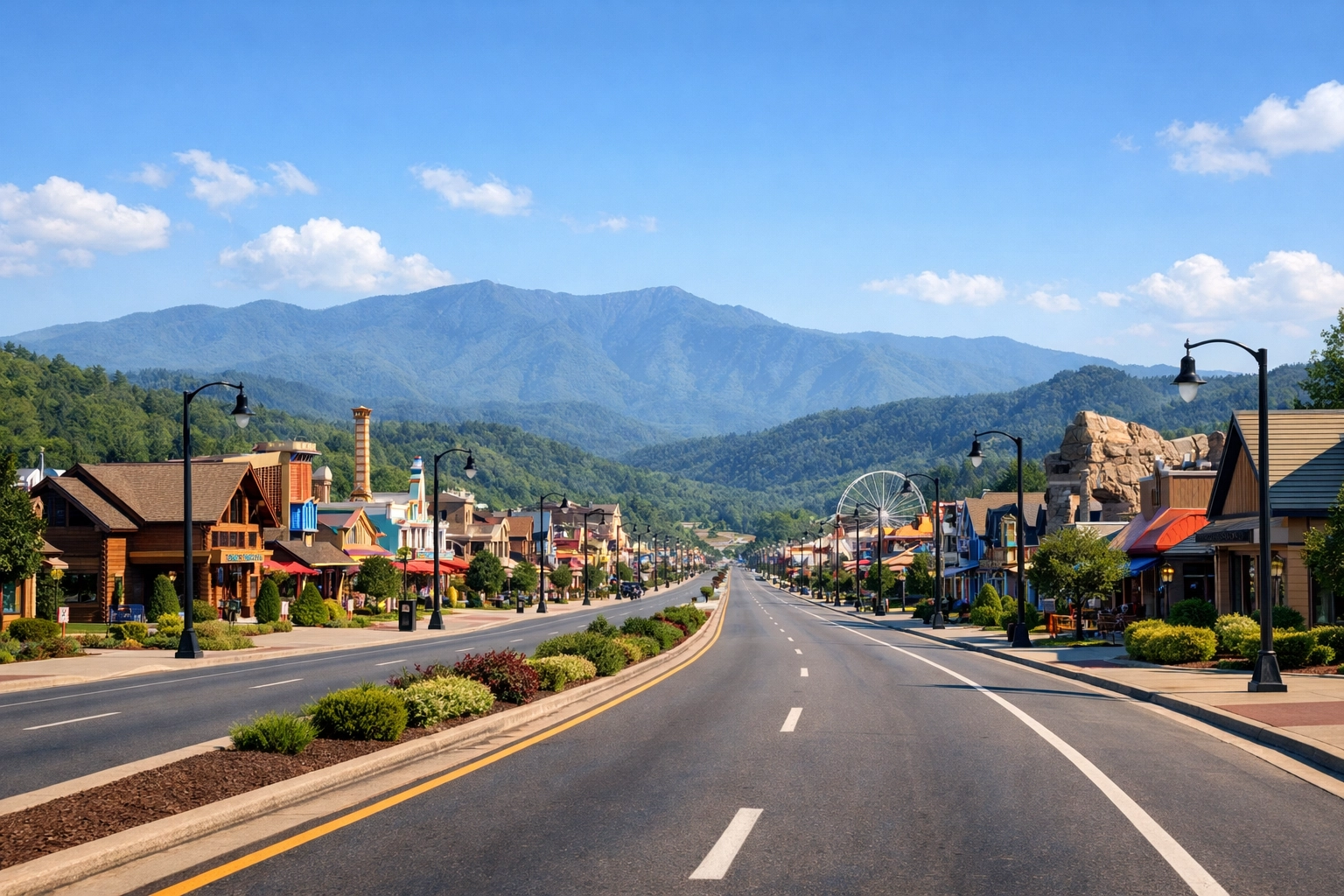 Pigeon Forge, Tennessee cityscape with the Smoky Mountains