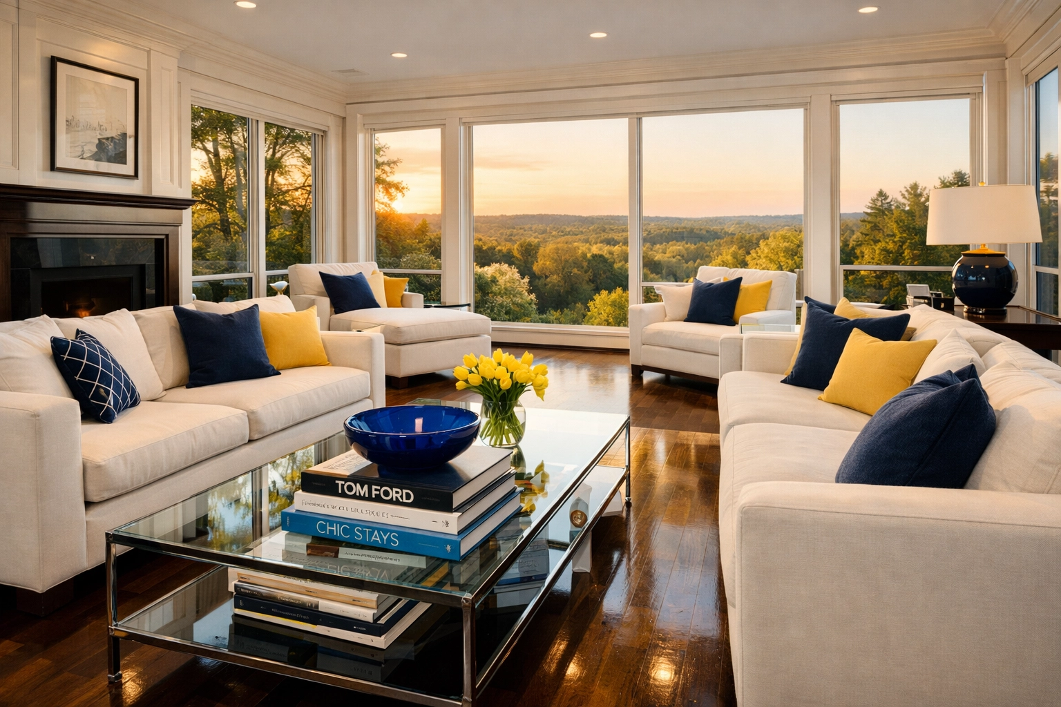 A spotless Dover estate living room featuring expert residential cleaning Massachusetts standards.