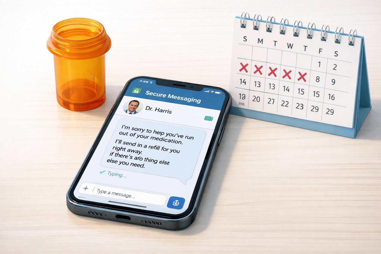 Empty prescription bottle next to smartphone showing online doctor messaging for same-day medication refills