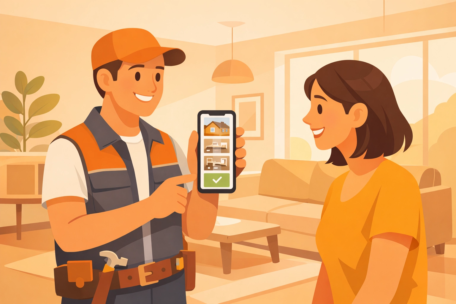 Contractor using a photo timeline app to show project progress and documentation to a homeowner on-site.