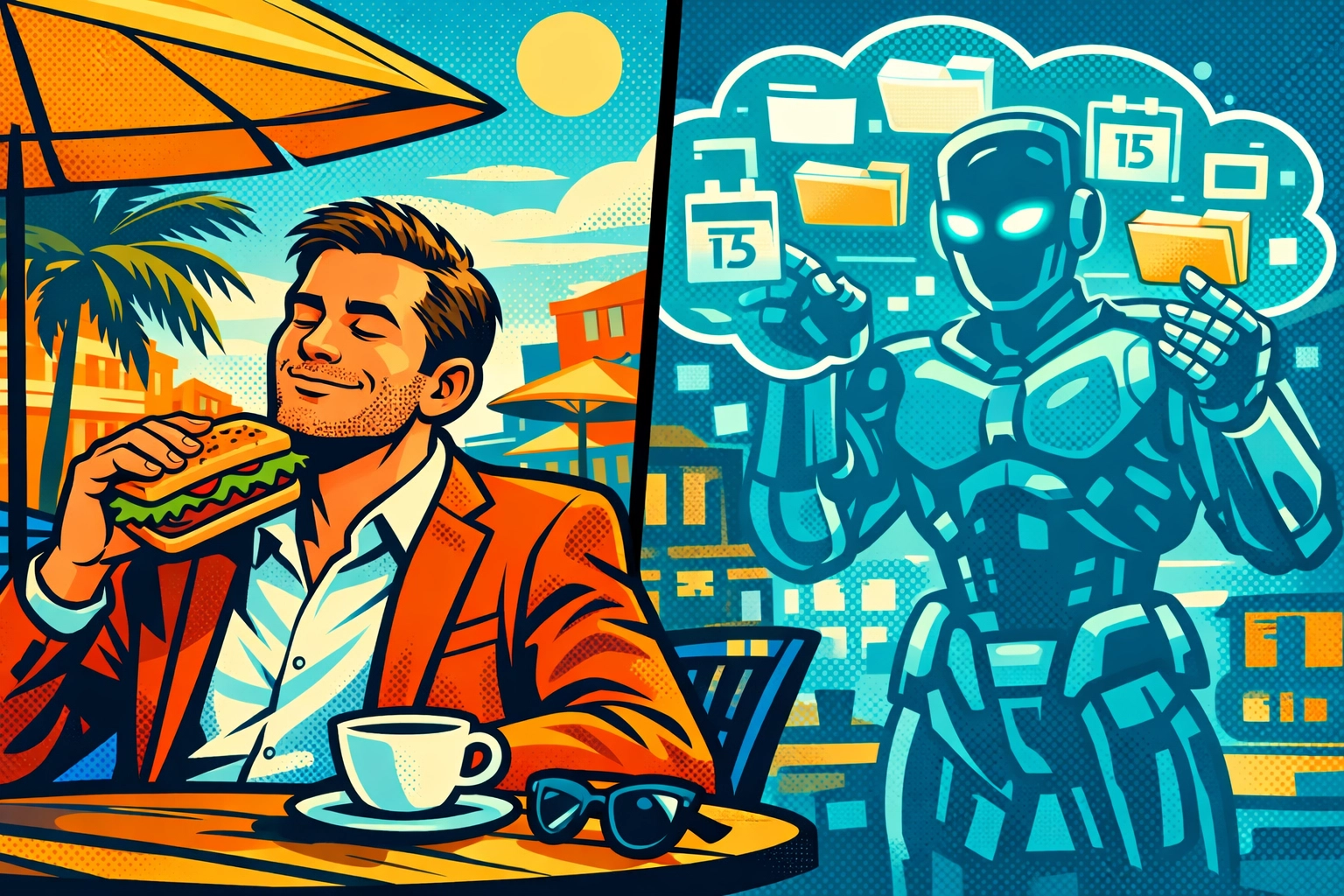 Business owner enjoying lunch while an AI virtual assistant for business handles customer leads.