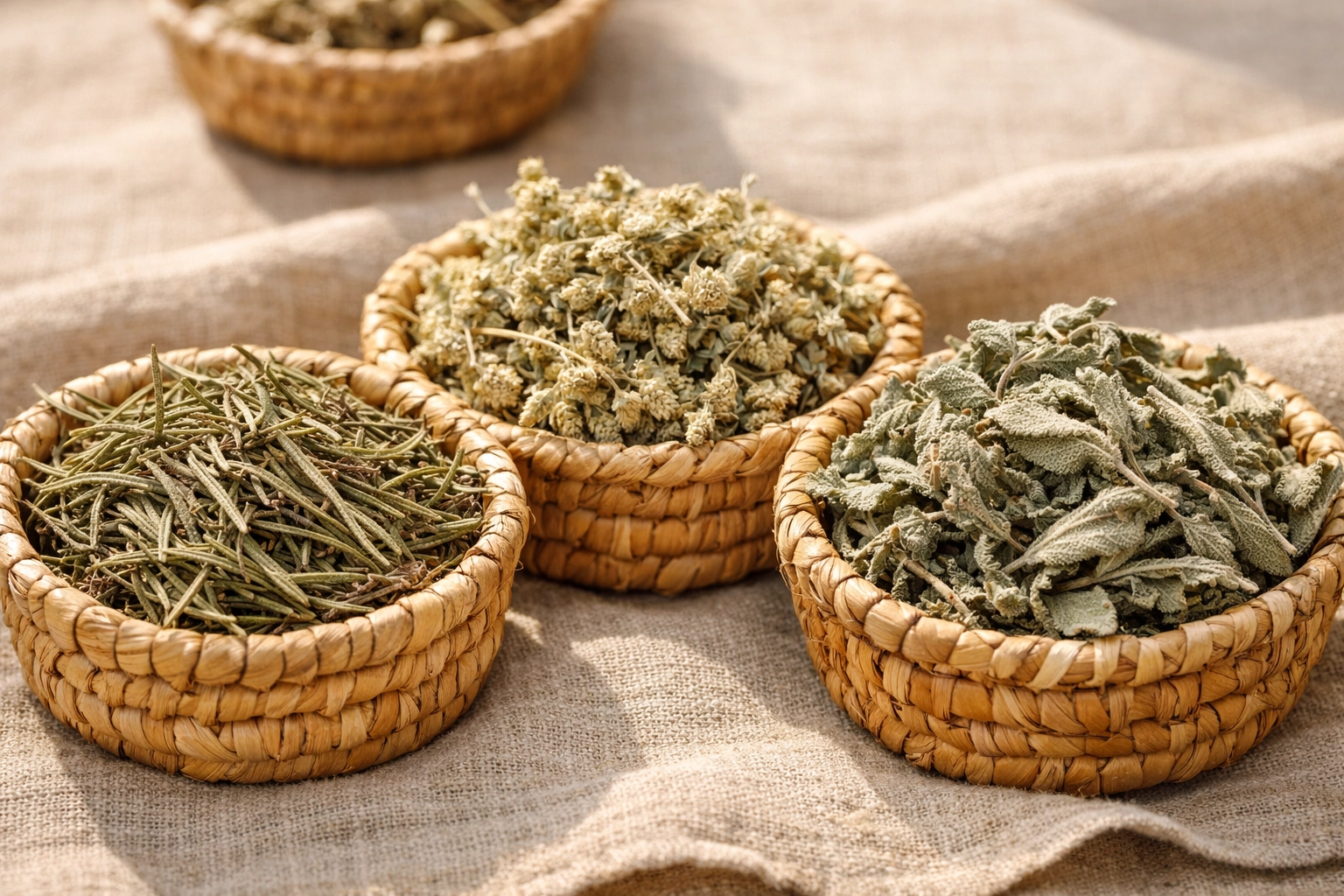 Dried Moroccan herbs like Rosemary, Meryout, and Salmia in traditional straw baskets.