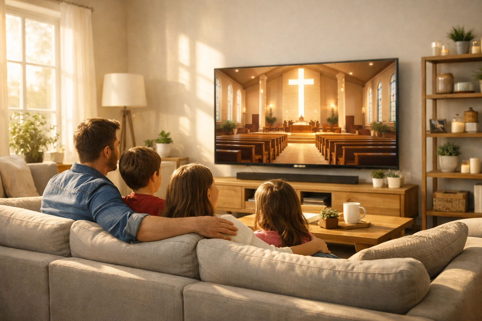 Family watching a live stream church service near me together in their living room.