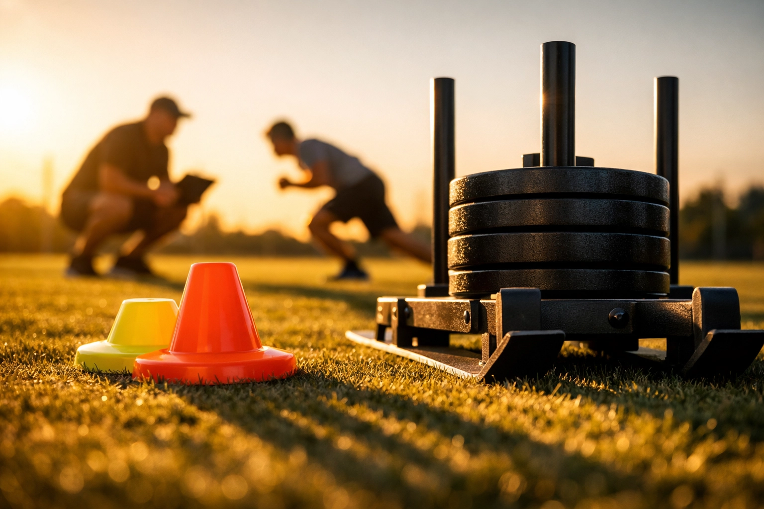 Close-up of speed training cones and a weighted sled on grass during a preseason coaching session.