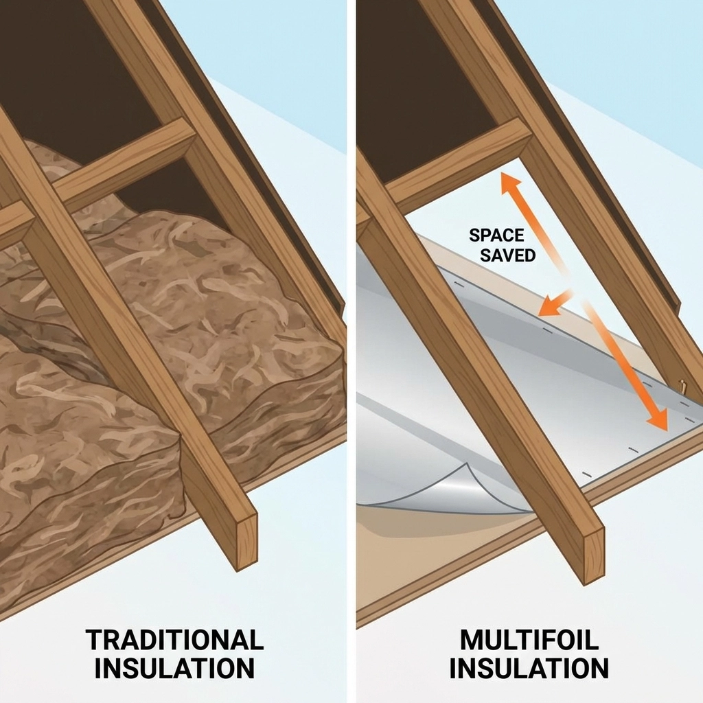 Side-by-side loft comparison of thick Rockwool insulation versus thin multifoil insulation saving headroom