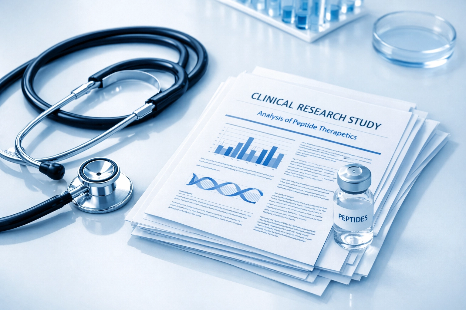Stethoscope and research papers alongside a peptide vial in a professional healthcare provider's clinical setting.