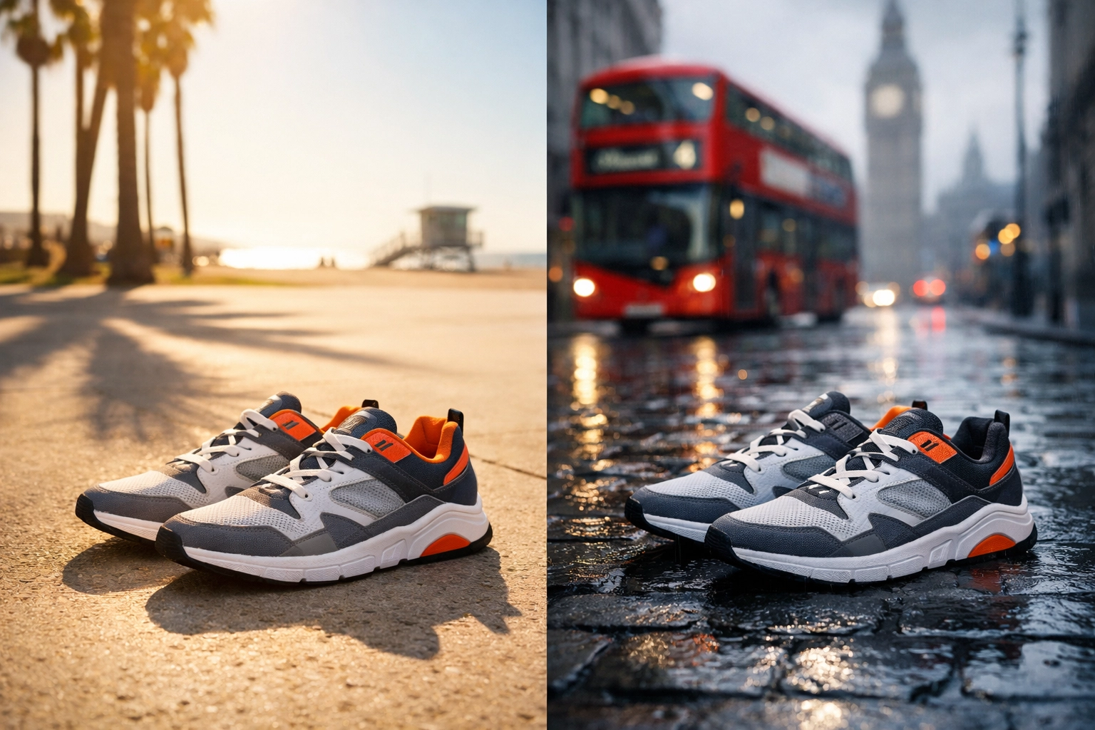Comparison of athletic shoes in Los Angeles and London environments showing international PPC localization.