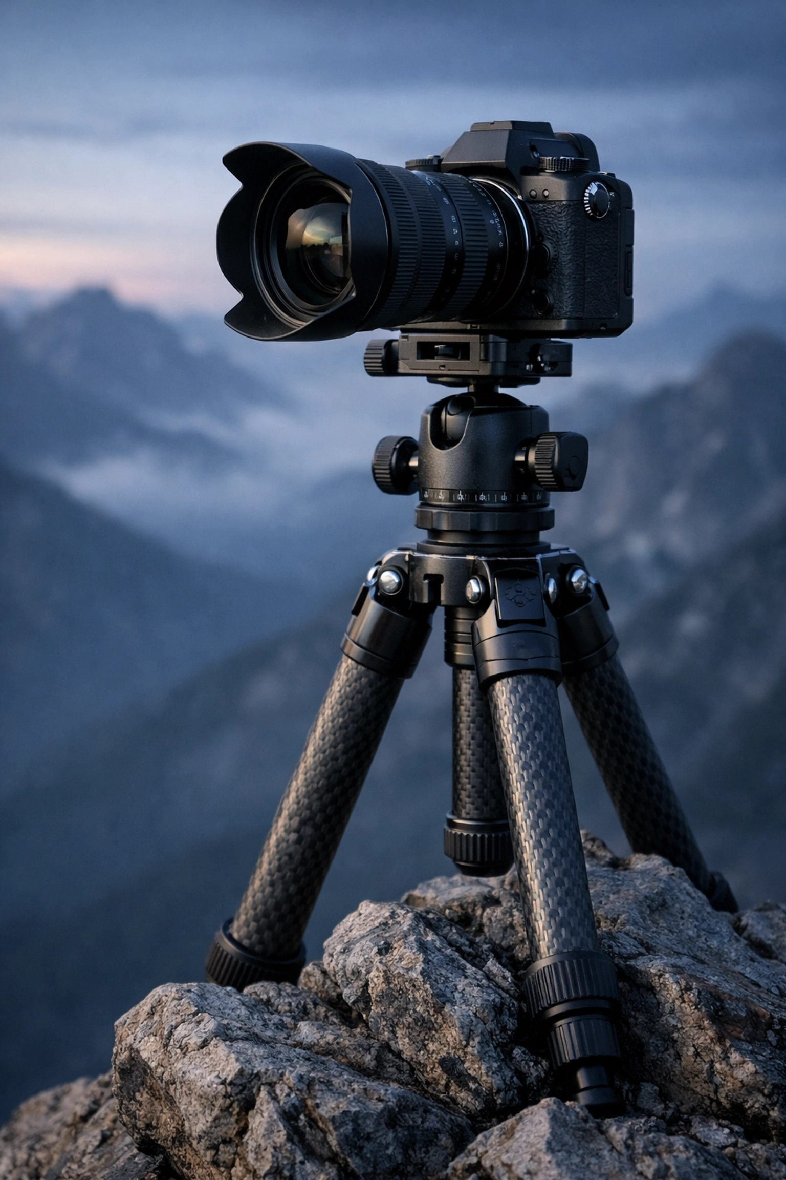 Professional camera on a tripod overlooking a mountain range, demonstrating essential landscape photography tips.