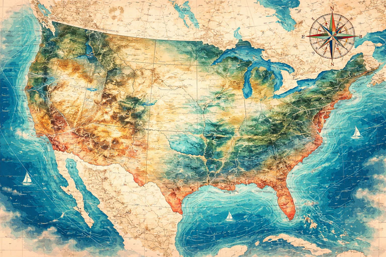 Illustrated map of the U.S. featuring all major coasts, showing nationwide marine chart coverage for boaters.