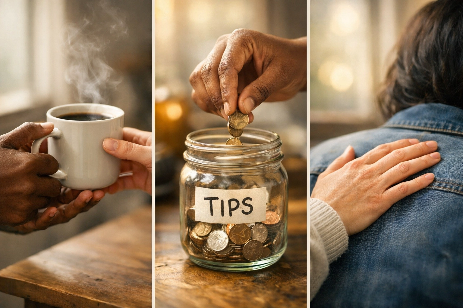 Hands performing small acts of kindness and compassion in everyday moments