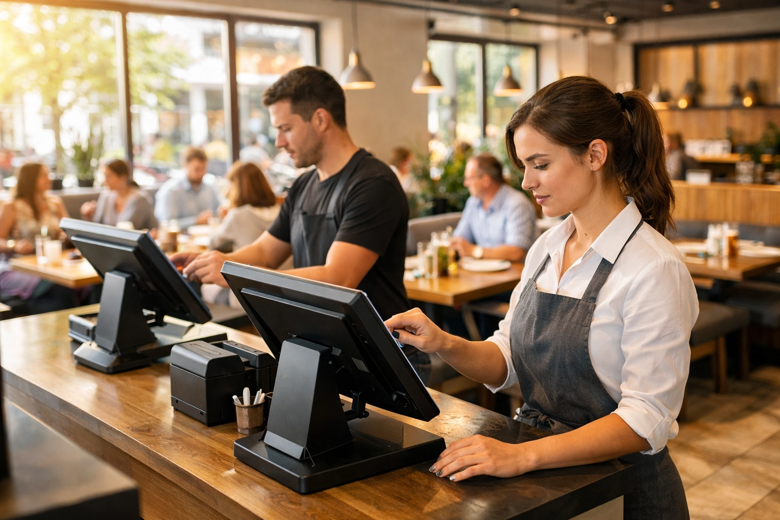 Modern restaurant staff using touchscreen POS terminals during busy lunch service