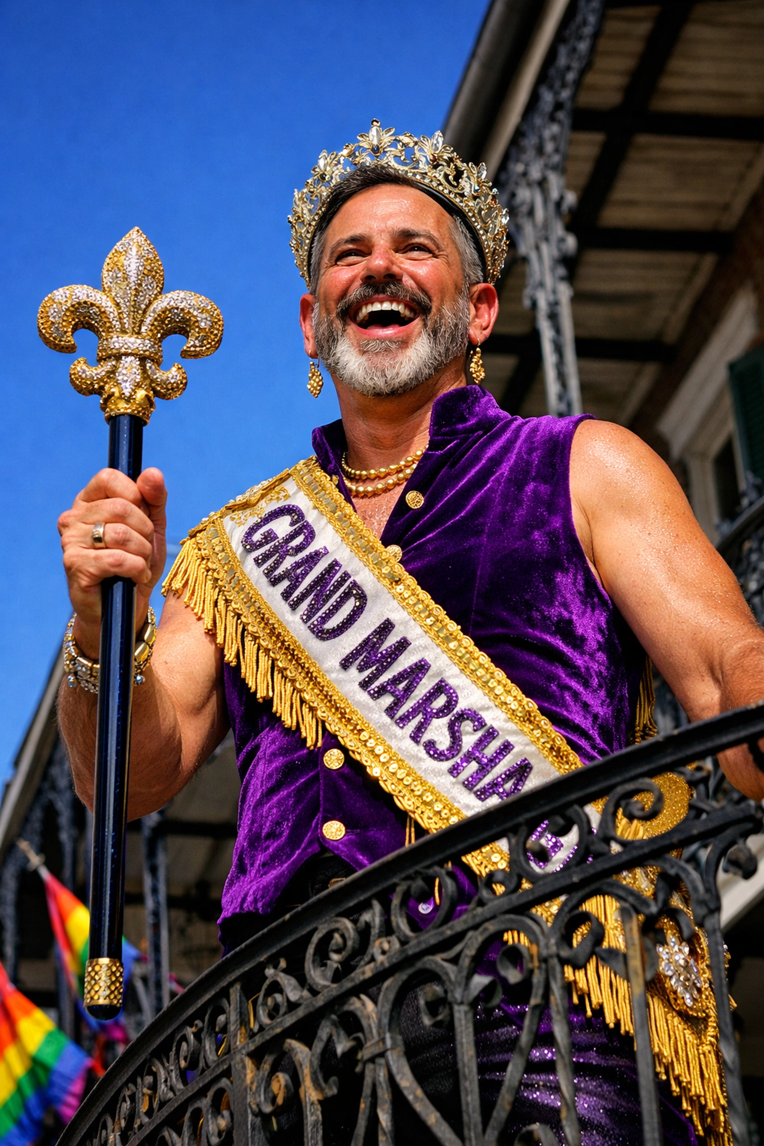 A flamboyant Grand Marshal in regal attire on a French Quarter balcony during Southern Decadence.