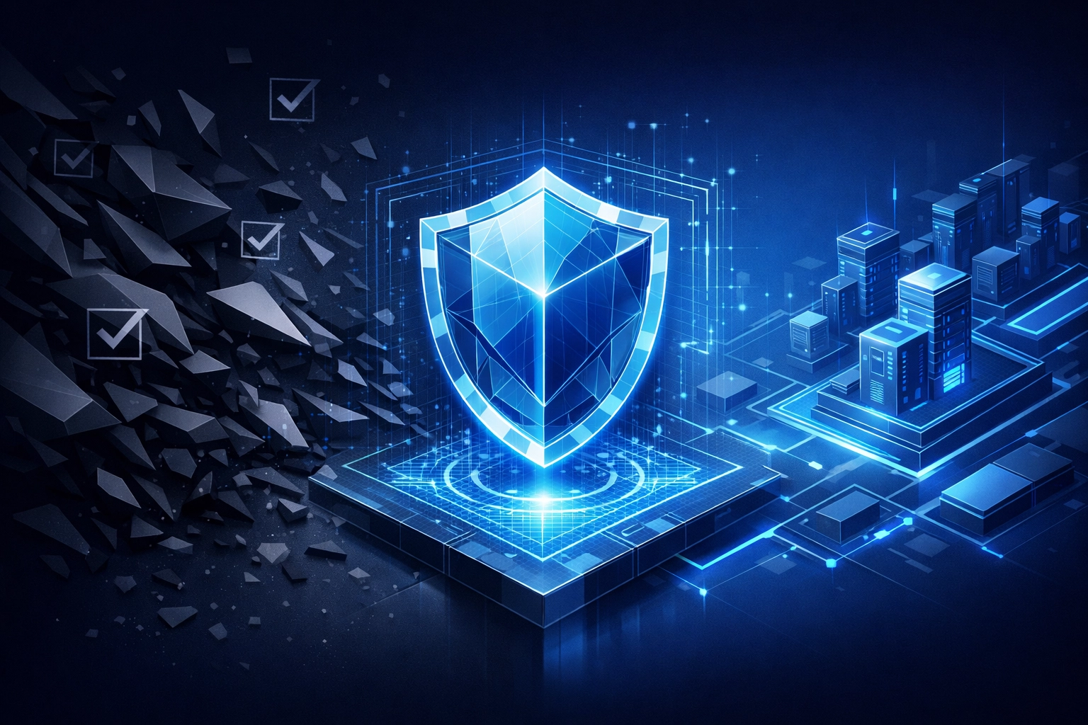 Luminous blueprint of a security shield representing structured regulatory readiness and operational excellence.