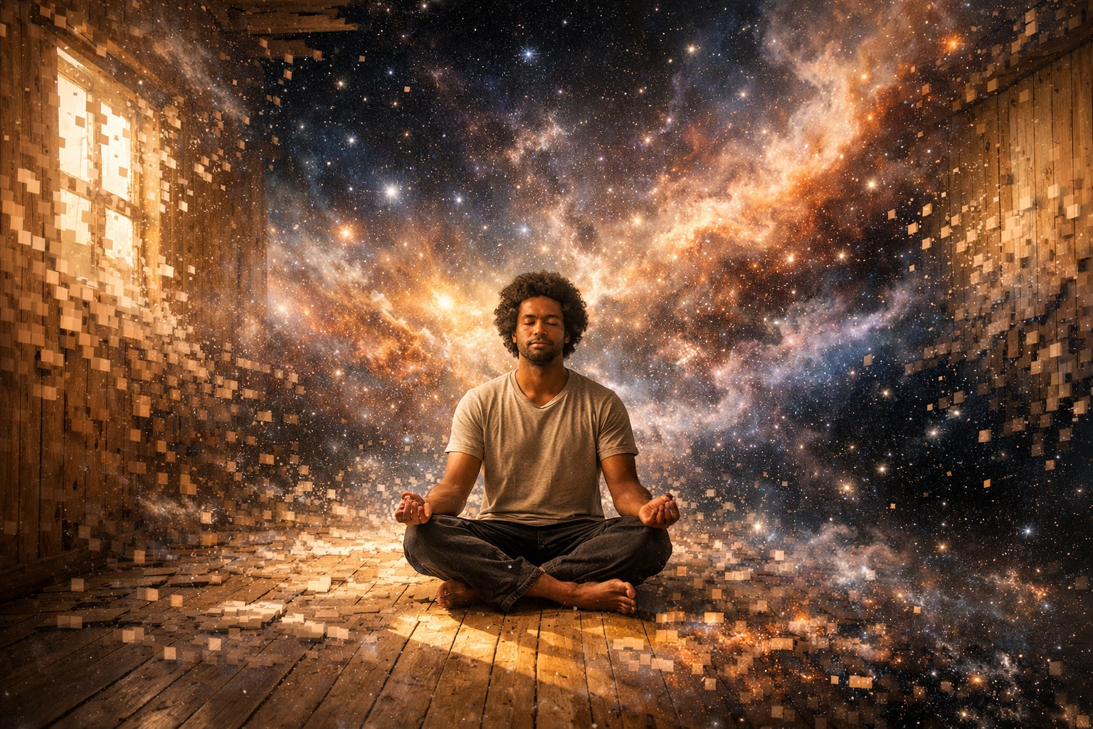 Meditating man experiencing the dissolution of space and time into a cosmic nebula during sacred embodiment.