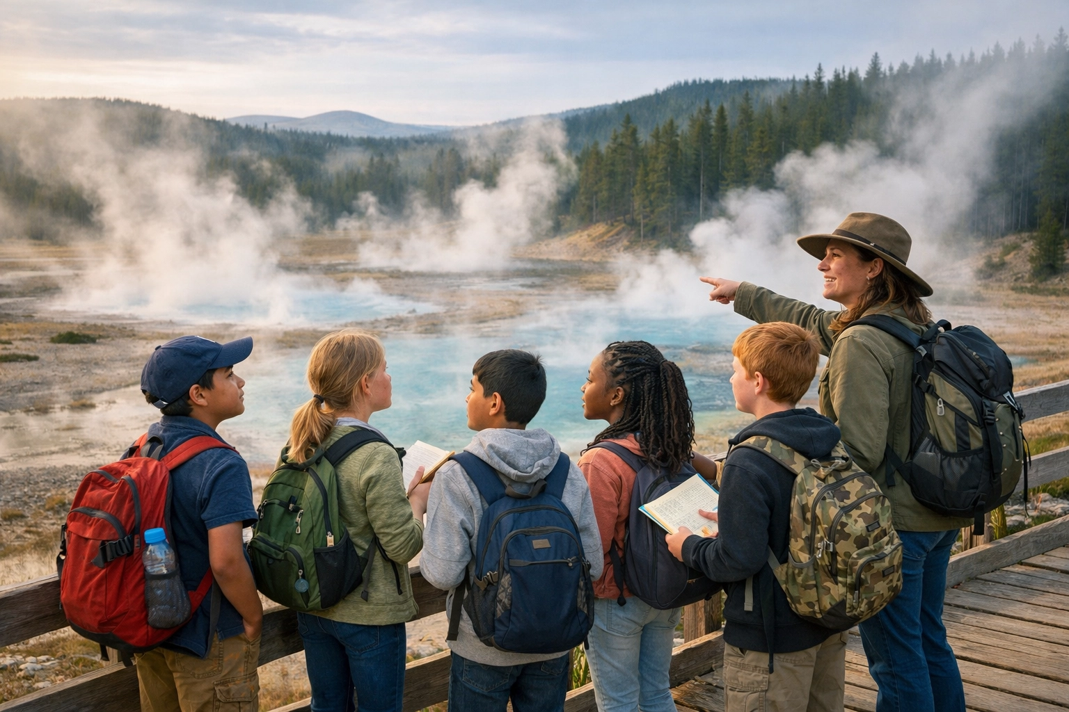 Students and teachers on a Yellowstone boardwalk during an educational travel science expedition.