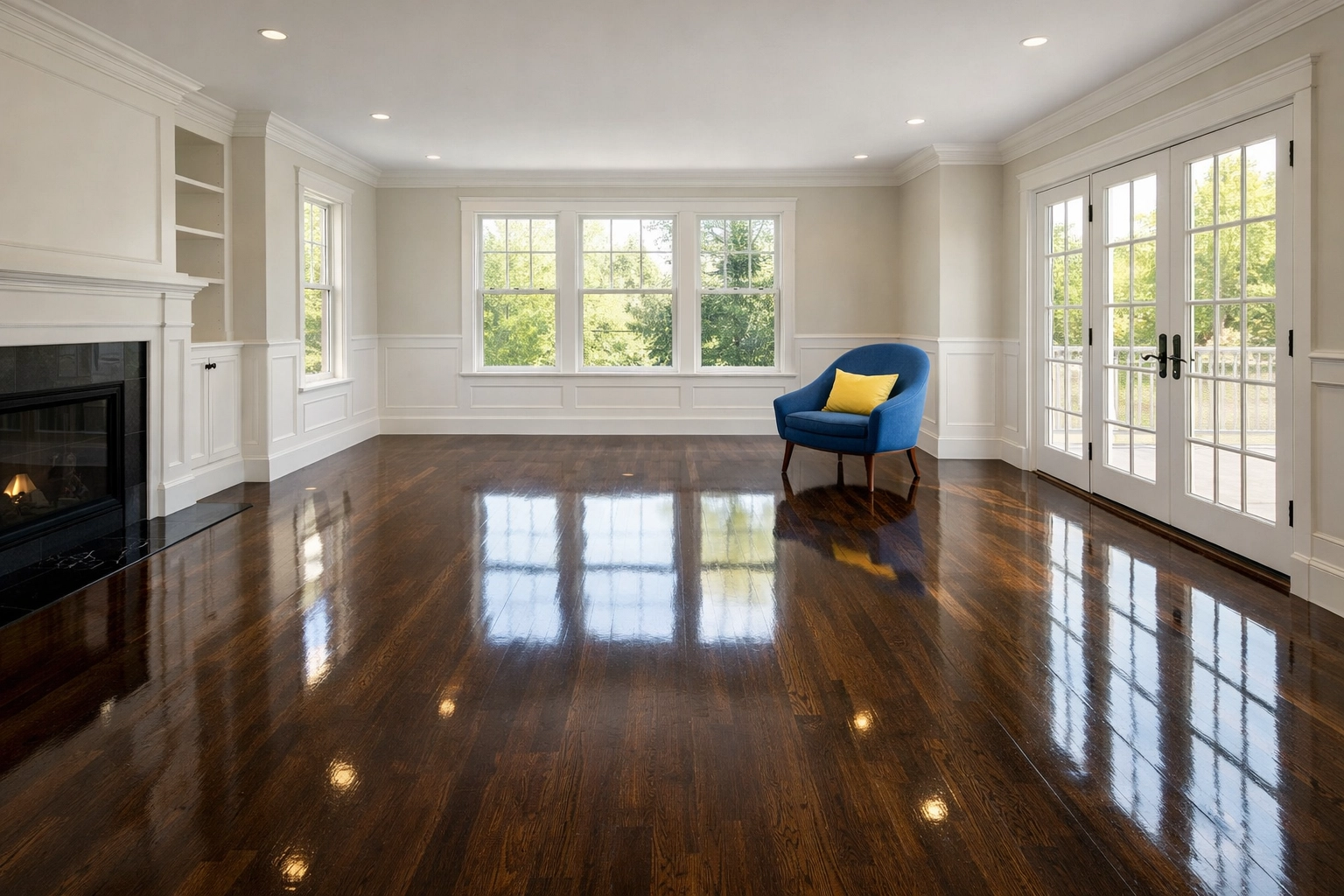 Move-in house cleaning Townsend MA featuring polished hardwood floors in a sunlit, sanitized empty living room.