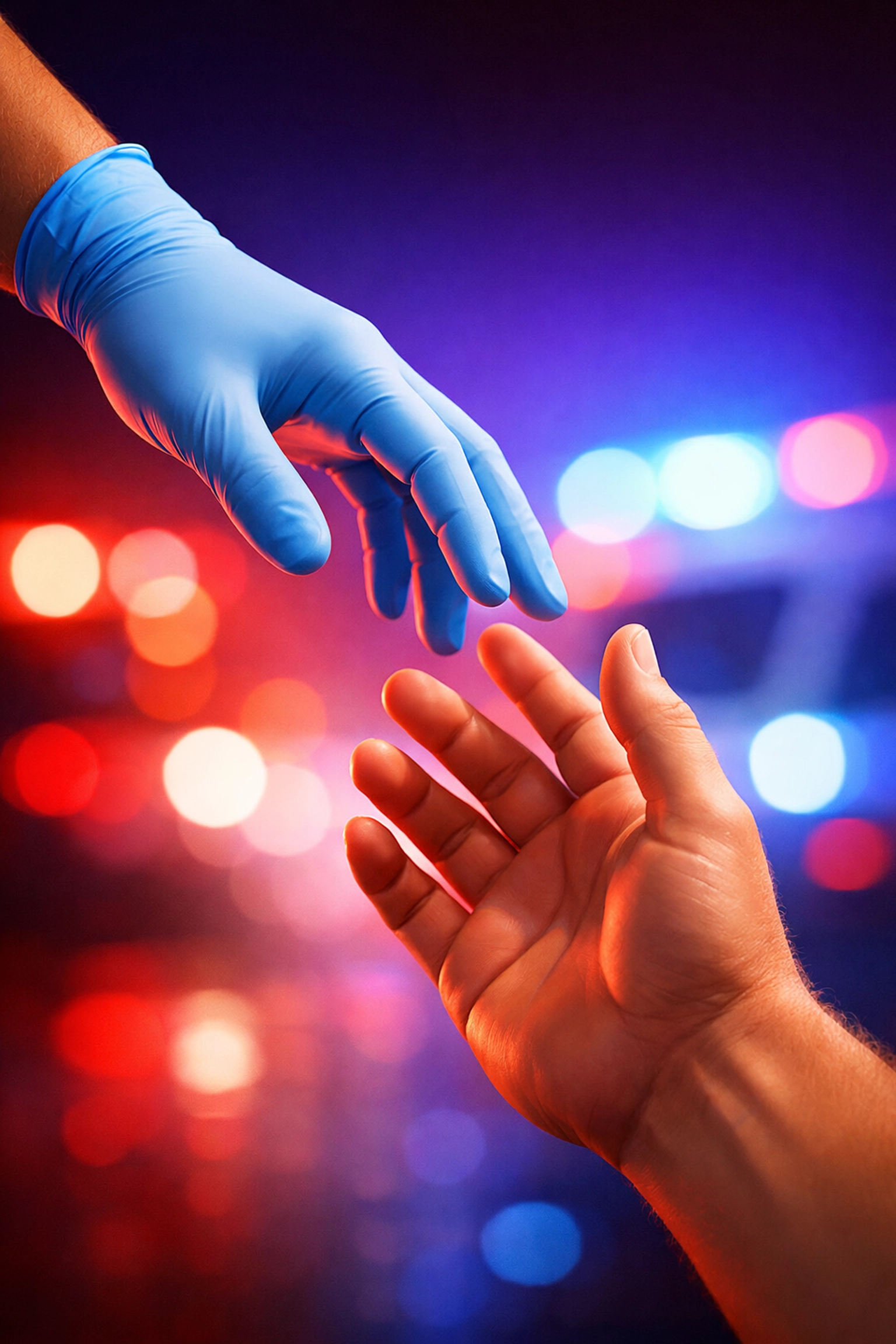 First responder's hand reaching to help in gay romance care moment