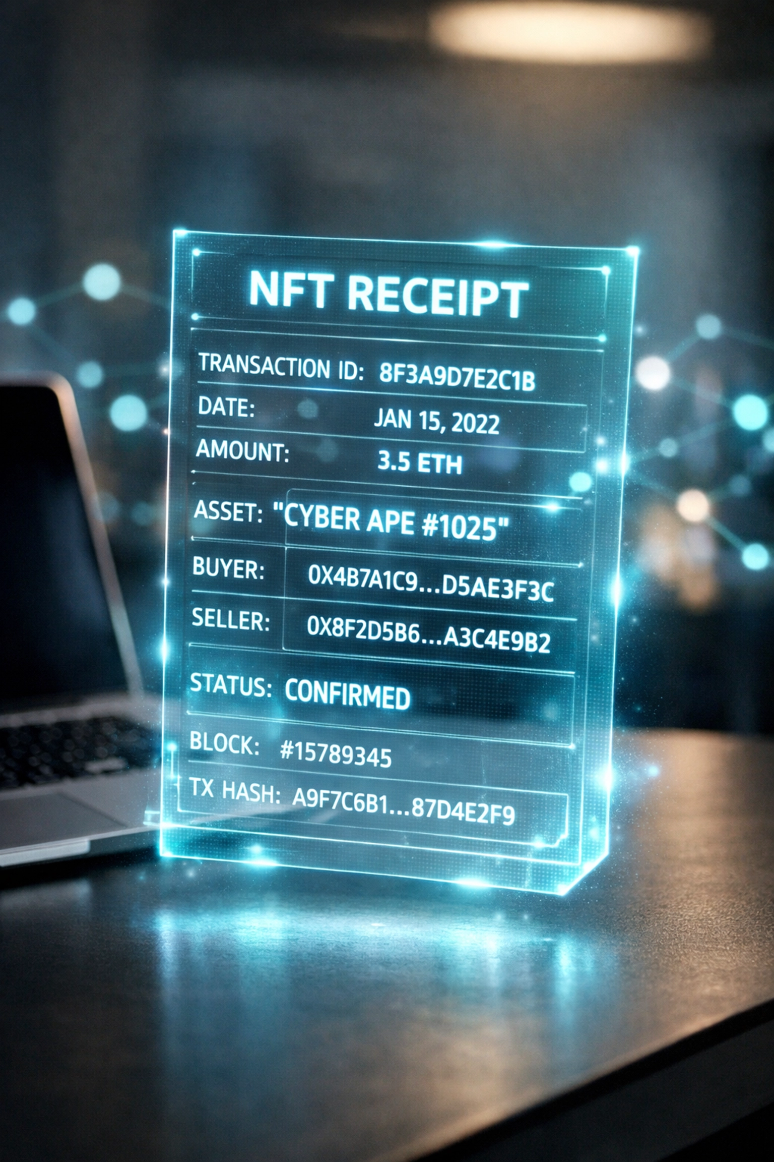 NFT receipt with blockchain transaction details for merchant accounting and tax reporting
