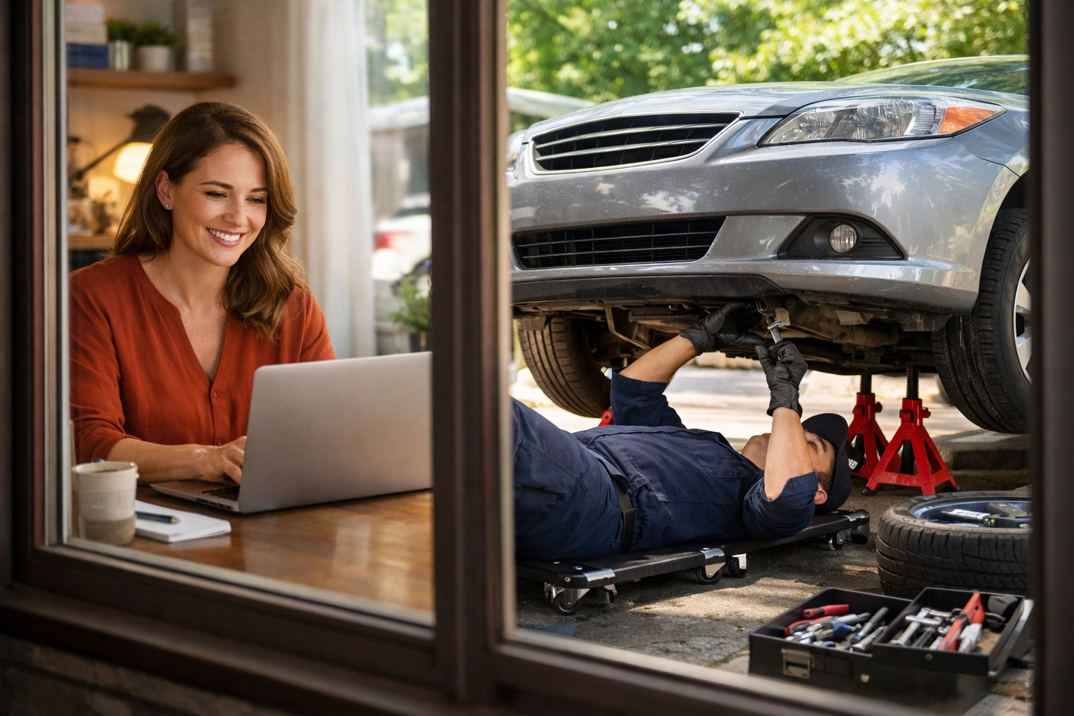 Woman working from home while mechanic services car in driveway showing mobile car repair convenience