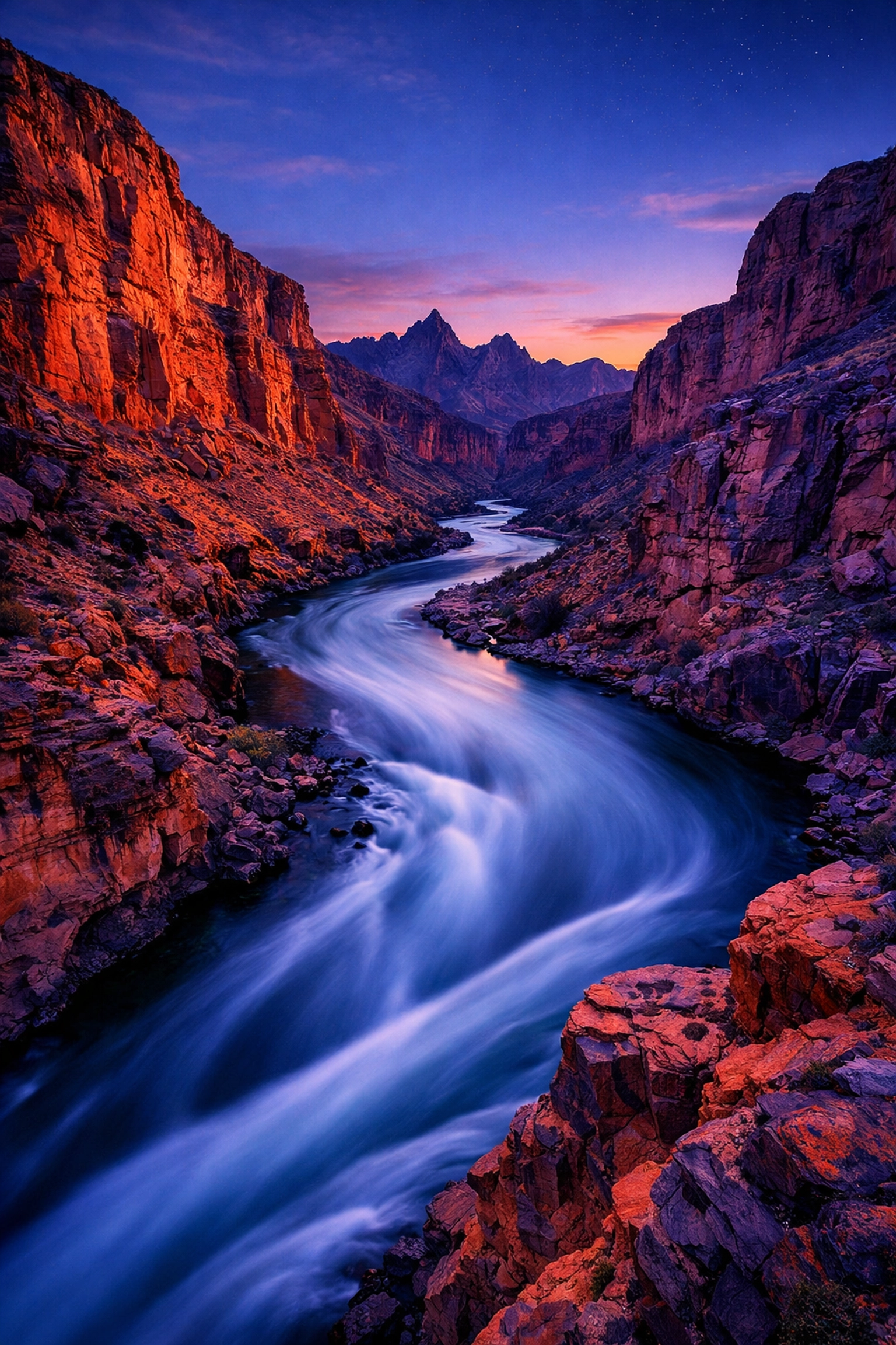 Stunning long-exposure river canyon photo, a technique taught in advanced photography tutorials.