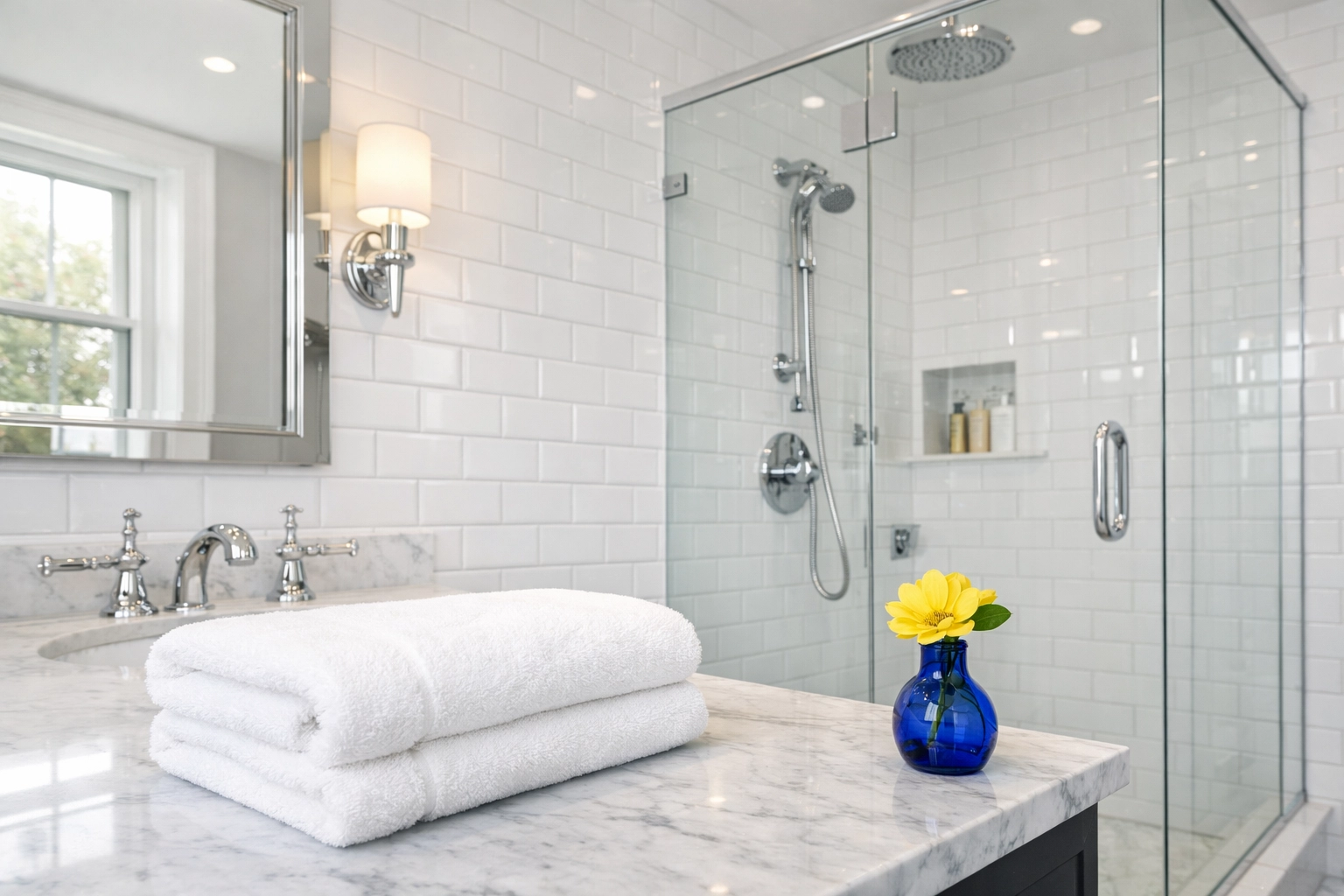 A sparkling clean Boston apartment bathroom with polished fixtures and white tiles after a move-out clean.