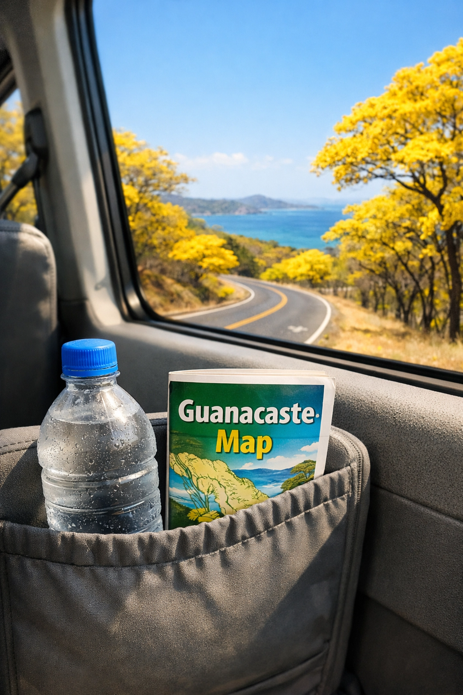 Interior of a comfortable Liberia airport shuttle with bottled water and views of the Guanacaste coastline.