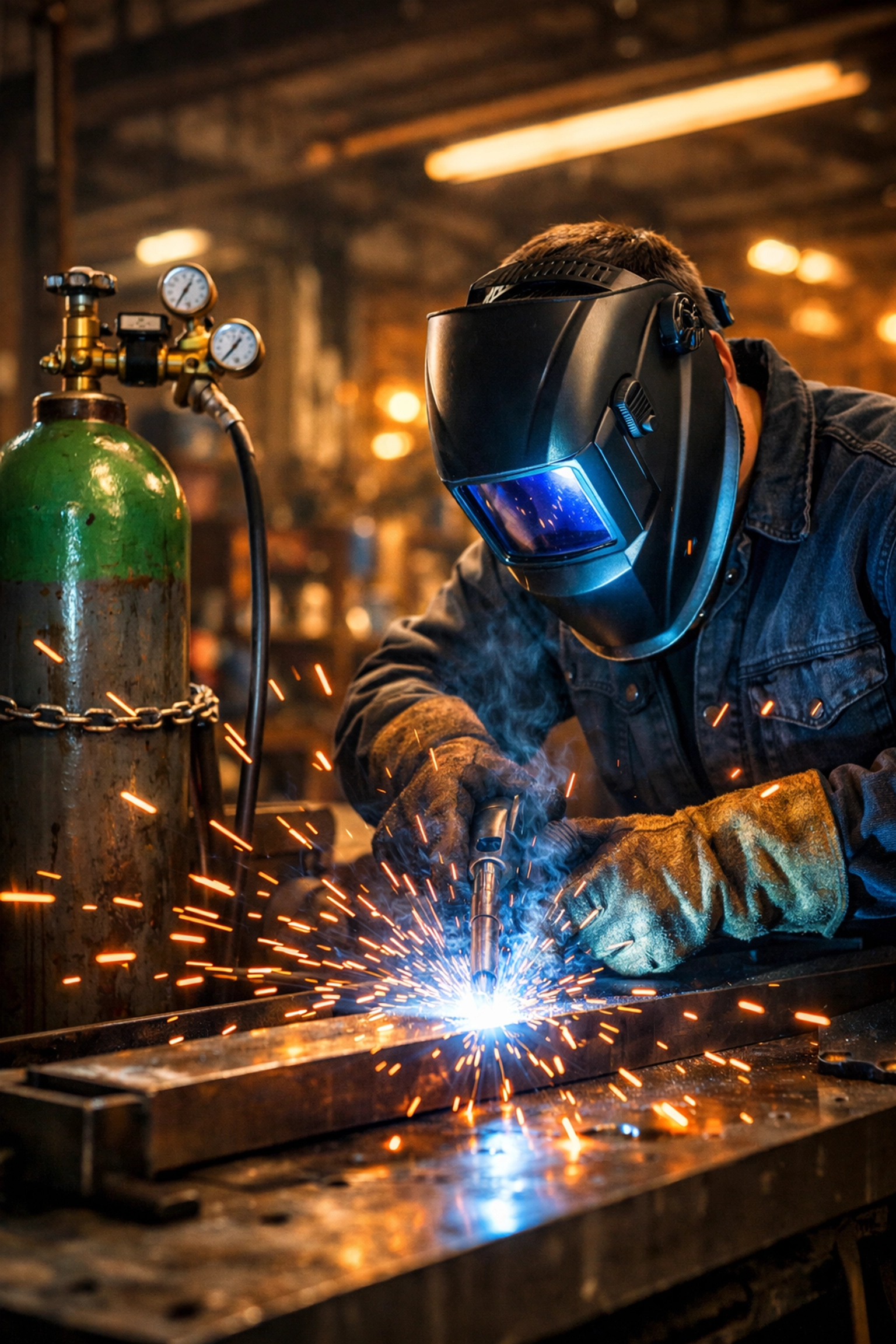Professional welder using an industrial MIG welding gas bottle in a metalwork shop.