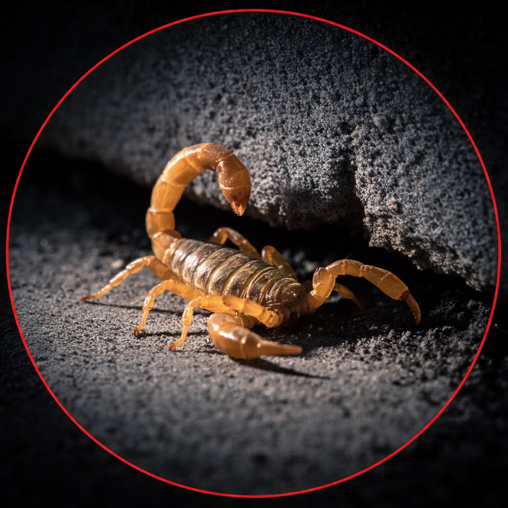 Close-up of Arizona bark scorpion emerging from a crack in a Coolidge home's concrete foundation
