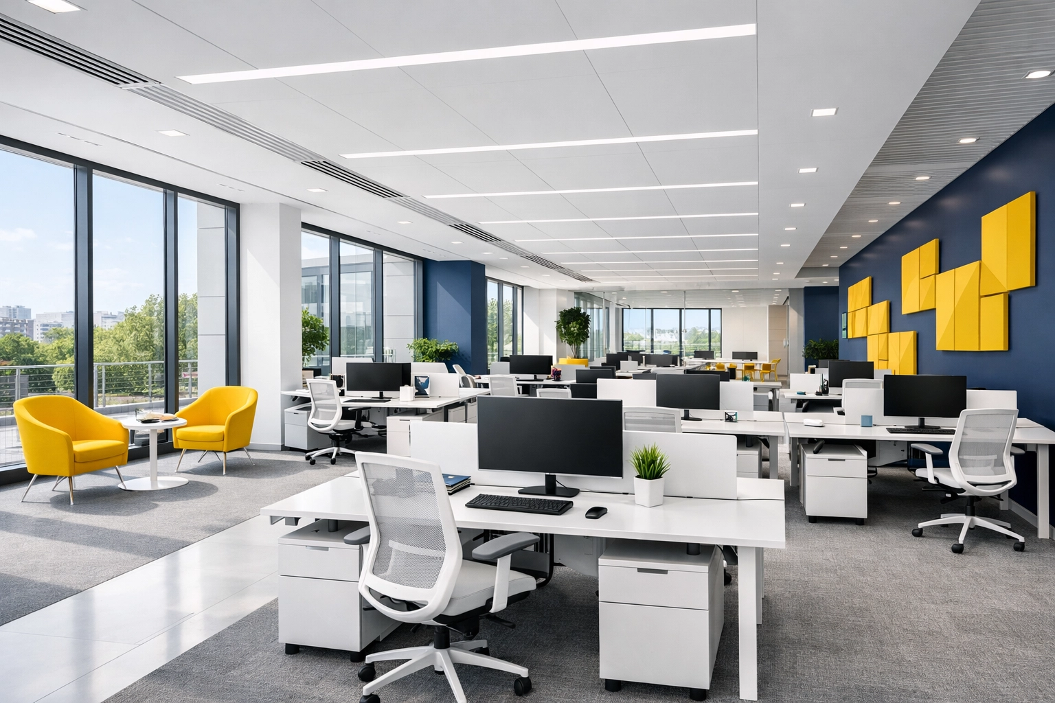 Spotless modern open-plan office interior showcasing professional commercial cleaning and wellness.