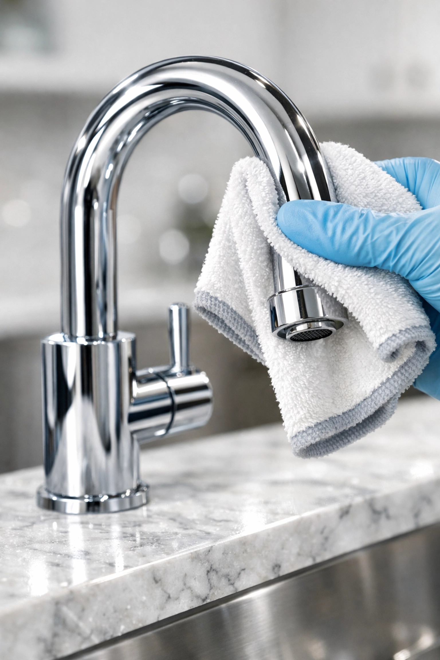 Professional move-out cleaning service polishing a modern kitchen faucet and marble countertop.