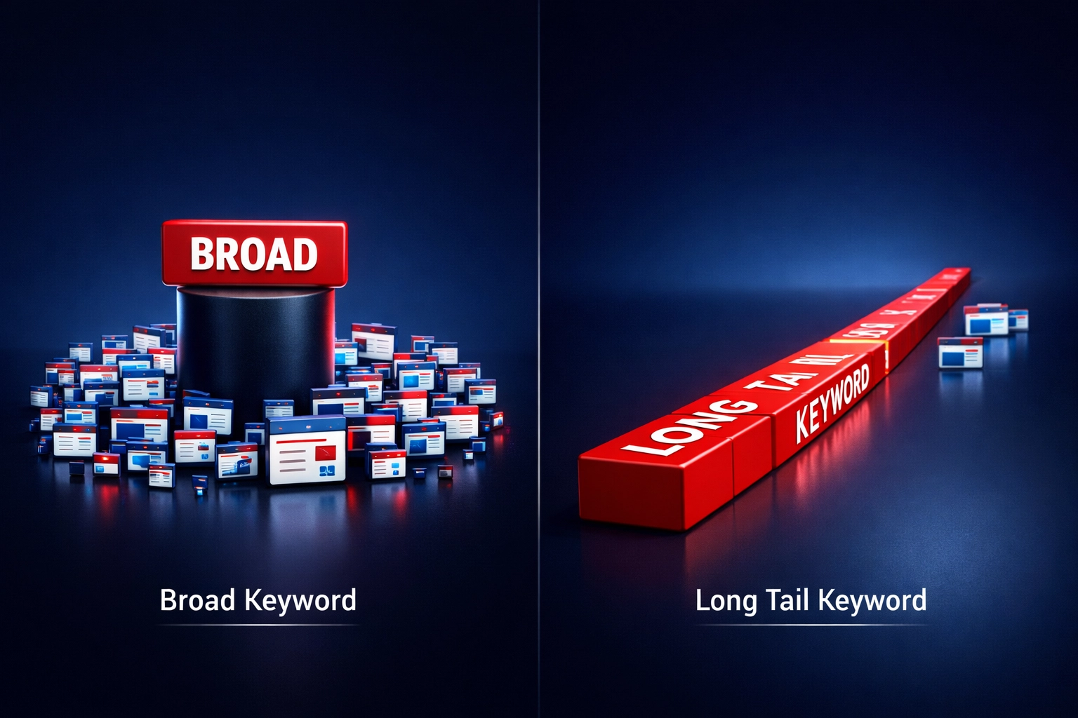 Visual comparison of broad keywords with high competition vs long-tail keywords with low competition for SEO