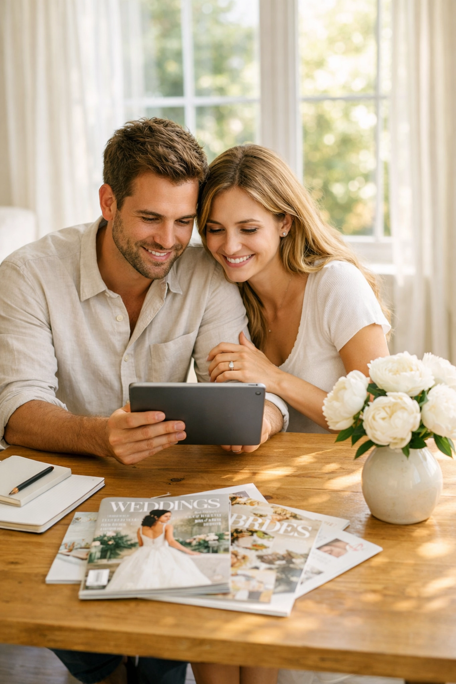 Engaged couple using a tablet for debt-free wedding planning and digital RSVP management.