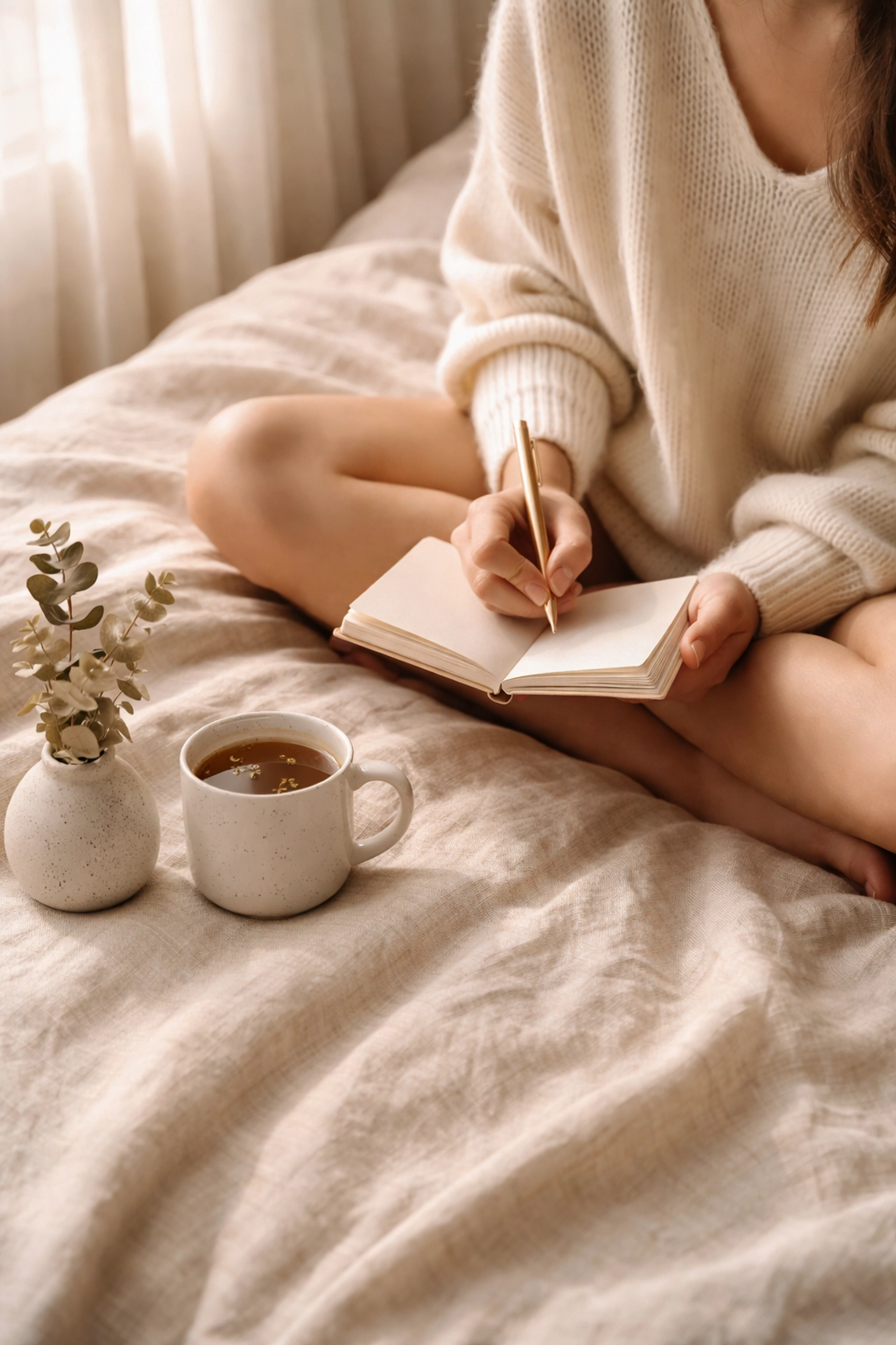 Woman journaling with herbal tea in a cozy, sunlit setting, reflecting wellness and self-care for hormone balance